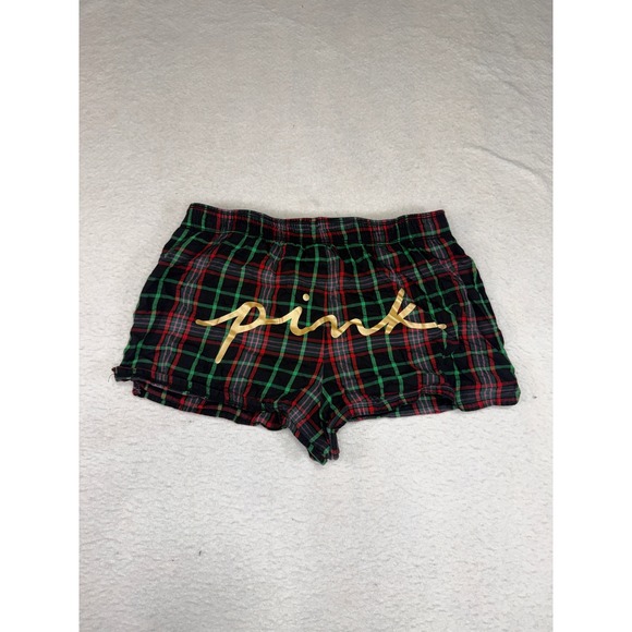 PINK Victoria's Secret Other - Victorias Secret PINK Plaid Pajama Shorts Red Green Gold Logo Sleepwear Small